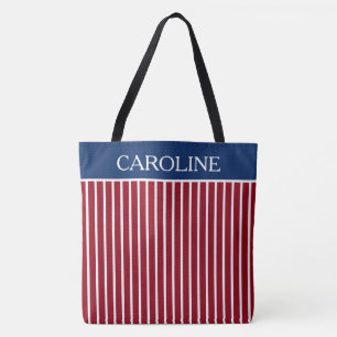 Red and White Stripes With Navy Blue Personalised Tote Bag