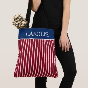 Red and White Stripes With Navy Blue Personalised Tote Bag
