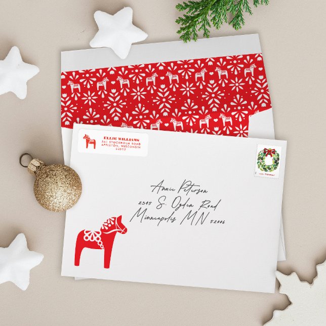 Red and White Swedish Dala Horse Holiday Envelope (red and white Swedish Dala horse themed envelopes with patterned printed liner )