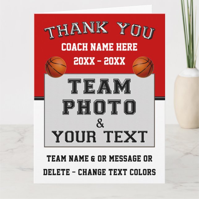Red and White, Thank You, Basketball Coach Cards (Front)