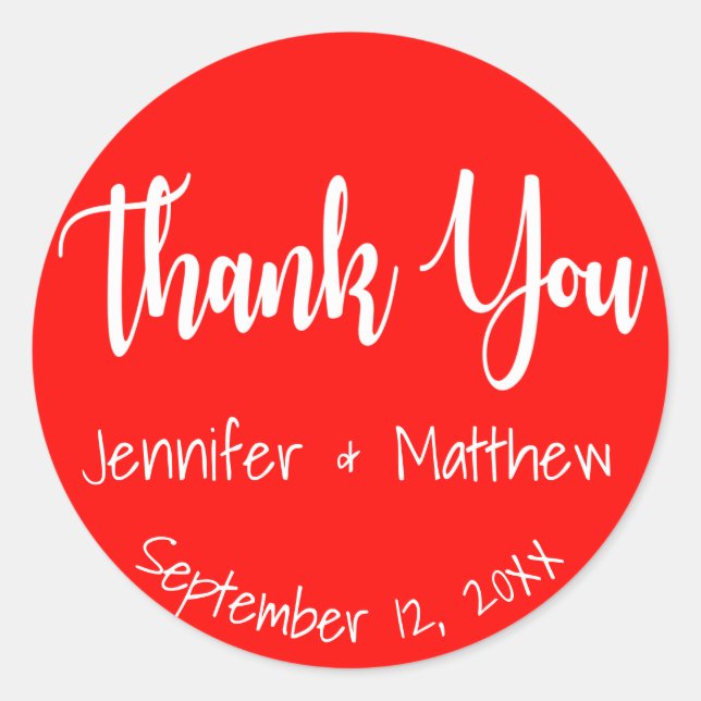 Red And White Thank You Wedding Party Classic Round Sticker (Front)
