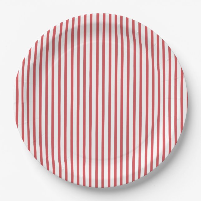 Red and White Thin Stripe Paper Plate (Front)