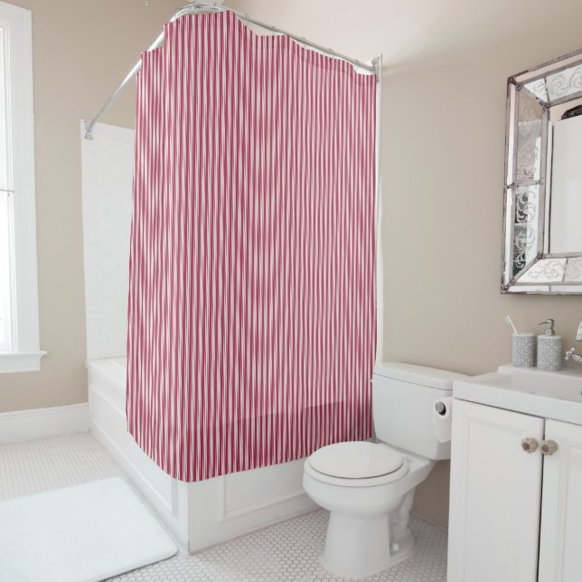red and White Ticking Stripe Shower Curtain (In Situ)