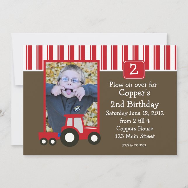 Red and White tractor Birthday Invitation (Front)