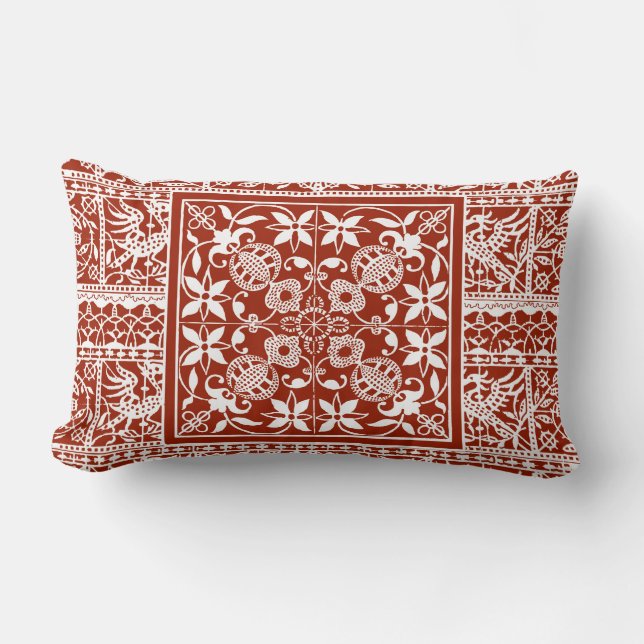 Red and White Traditional Home Antique Lace Lumbar Cushion (Front)