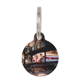 Red and white train pet tag