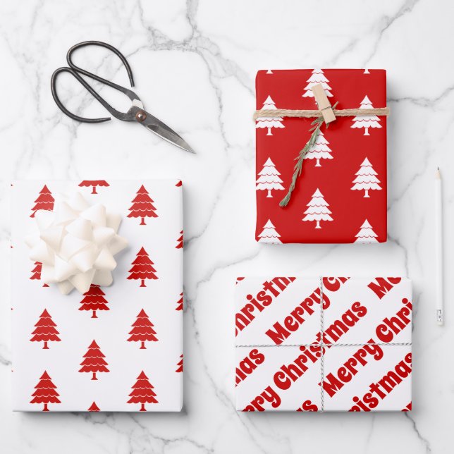 Red and white trees Merry Christmas holiday Wrapping Paper Sheet (Front)