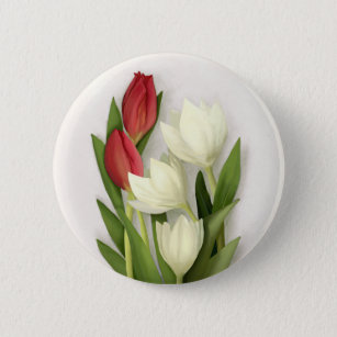 Red and White Tulips Floral 6 Cm Round Badge