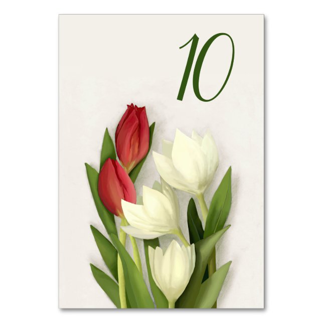 Red and White Tulips Floral Table Number (Front)