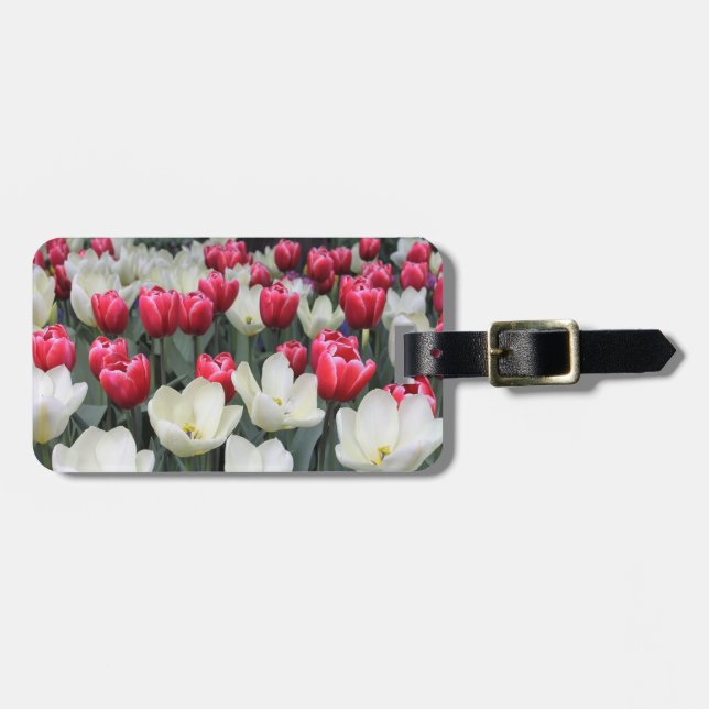 Red and White Tulips Luggage Tag Personalised (Front Horizontal)