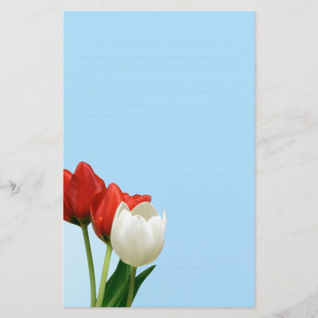 Red and White Tulips on Blue Writing paper (Front)