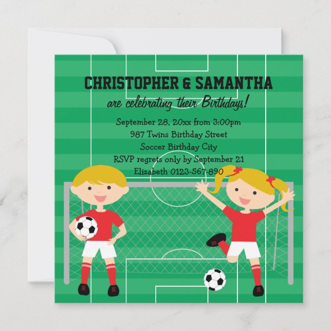 Red and White Twins Soccer v2 Birthday Party Invitation (Front)