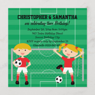 Red and White Twins Soccer v2 Birthday Party Invitation