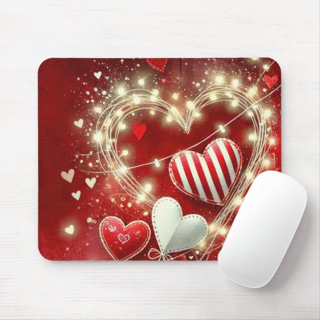 RED AND WHITE VALENTINES DAY HEARTS MOUSE MAT (With Mouse)