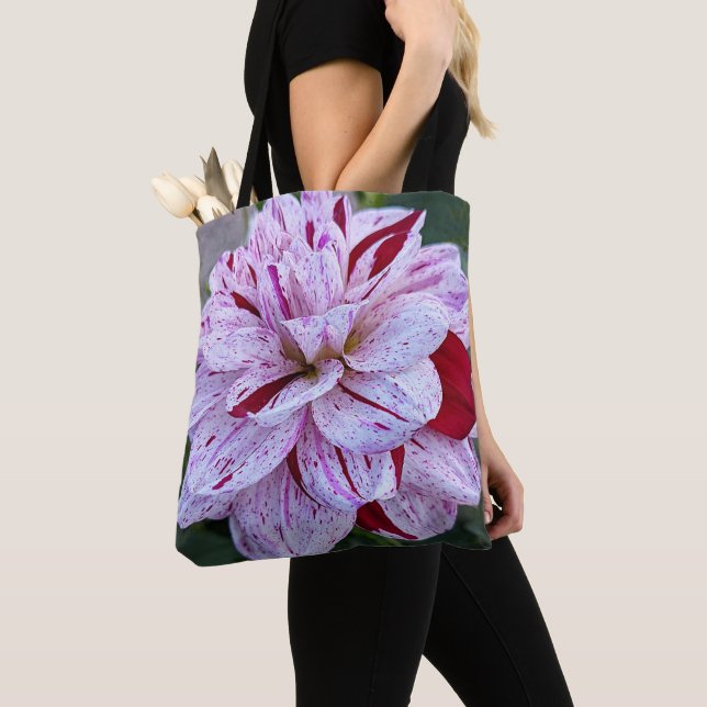 Red and White Variegated Dahlia Bloom Floral Tote Bag (Close Up)