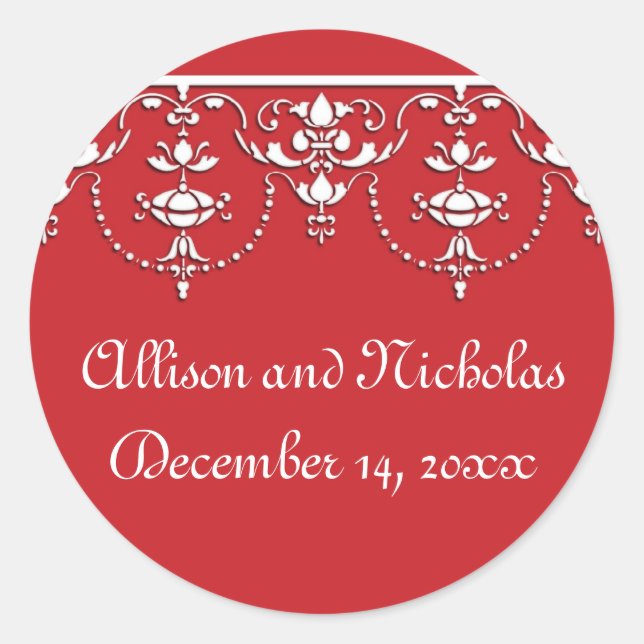 Red and White Victorian Wedding favour stickers (Front)