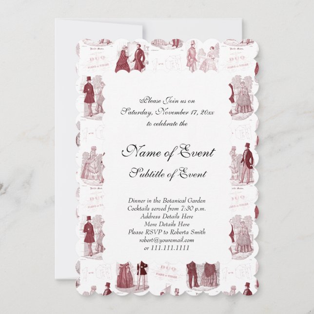 Red and White Vintage Fashion French Toile Invitation (Back)