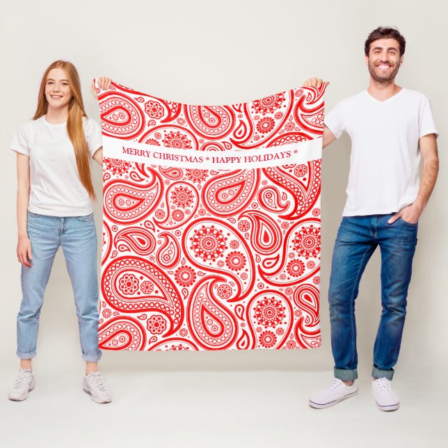 Red and white vintage paisley pattern fleece blanket (In Situ)