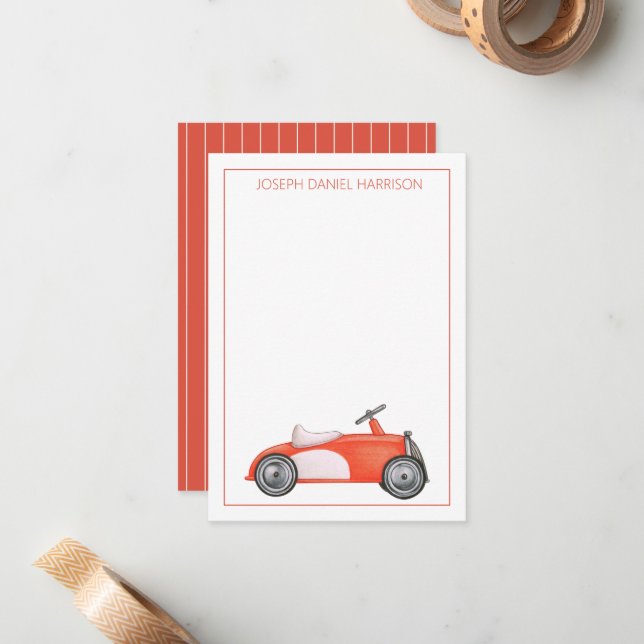 Red and White Vintage Toy Car Personalised Card (Front/Back In Situ)