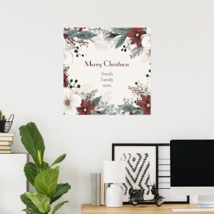 Red And White Watercolour floral Christmas Poster