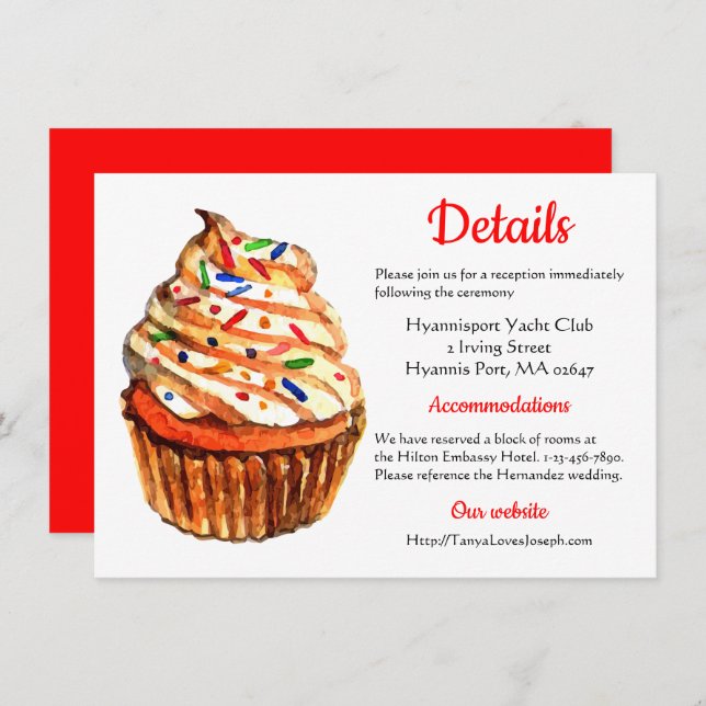 Red And White Wedding Direction, Details Cupcake Invitation (Front/Back)
