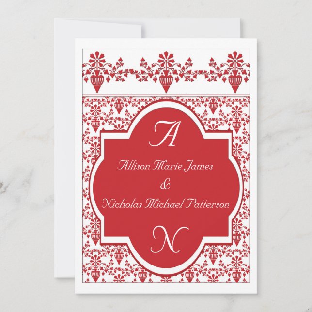 Red and White Wedding Invitation damask (Front)