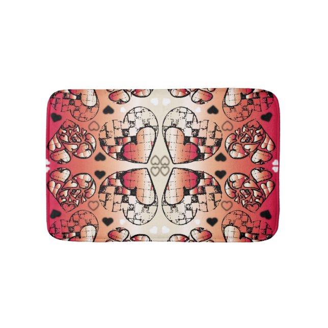 Red and white Whimsical Romantic Hearts pattern Bath Mat (Front)
