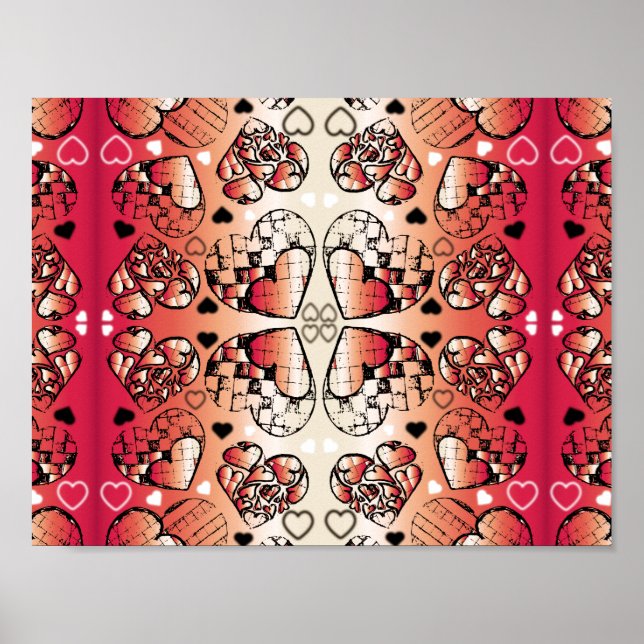 Red and white Whimsical Romantic Hearts pattern Poster (Front)