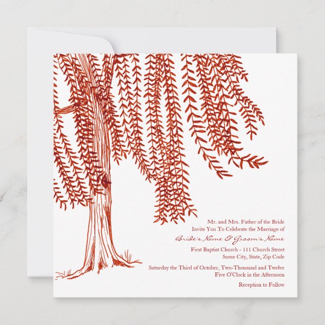 Red and White Willow Tree Wedding Invitation (Front)