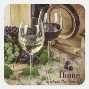 Red and White Wine Glasses Grapes Barrel Square Sticker