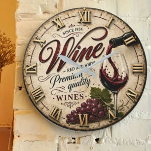 Red and White Wine Rustic Vineyard Kitchen Large Clock