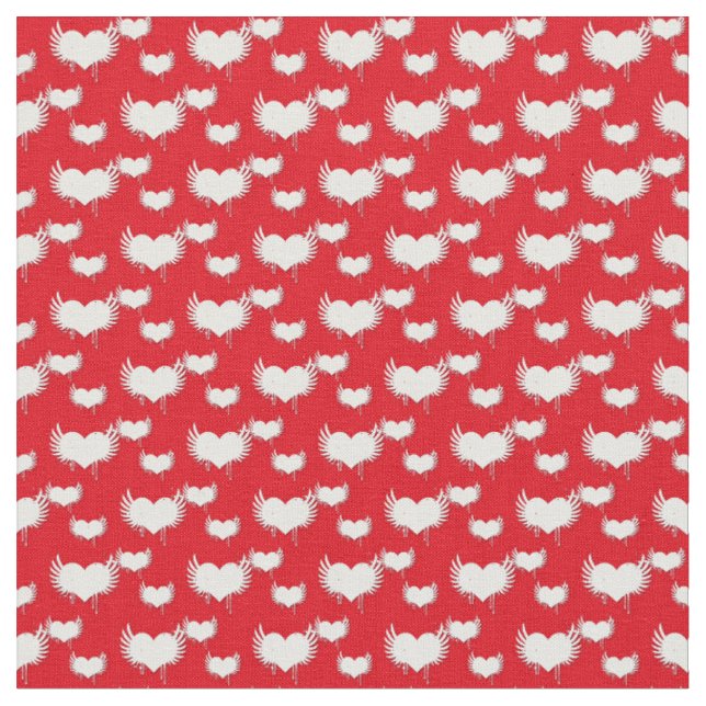Red and White Winged Hearts Pattern Fabric (Close Up)