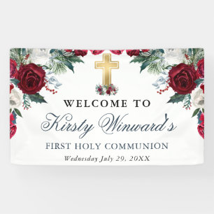 Red and White Winter Flowers 1st Holy Communion Banner
