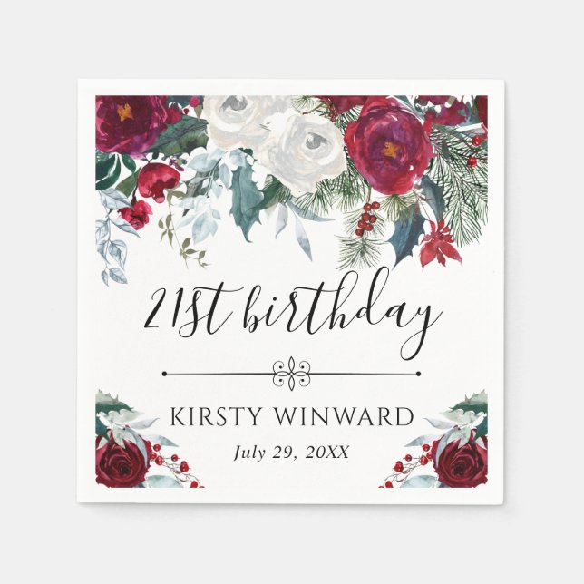 Red and White Winter Flowers Birthday Napkin (Front)