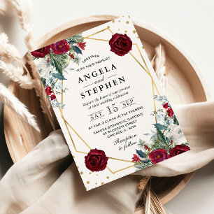 Red and White Winter Flowers Gold Frame Wedding Invitation