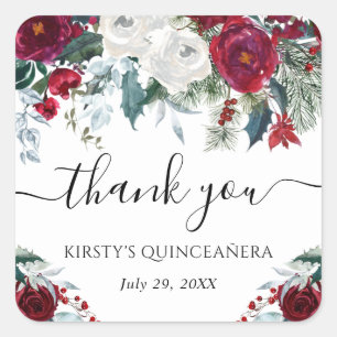 Red and White Winter Flowers Quinceanera Square Sticker