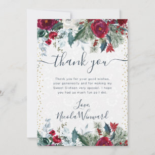 Red and White Winter Flowers Sweet 16 Thank You Card