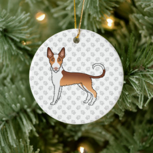 Red And White Wire Haired Ibizan Hound Dog & Paws Ceramic Tree Decoration