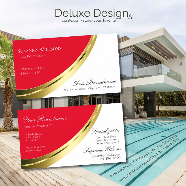 Red and White with Decorative Gold Decor Business Card (Creator Uploaded)