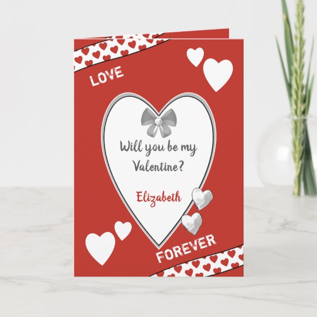 Red and white with love hearts holiday card (Front)