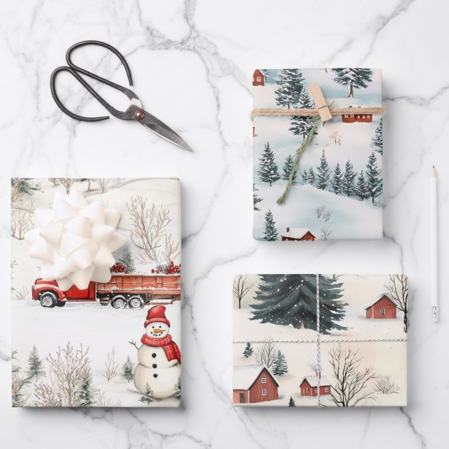 Red and White Woodland Snowman and Truck Christmas Wrapping Paper Sheet (Front)
