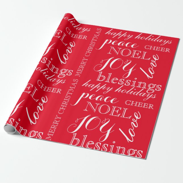 Red and White Word Art Christmas Wrapping Paper (Unrolled)