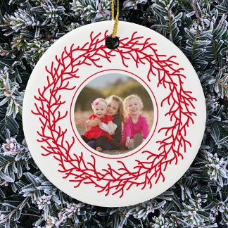 Red and White Wreath Photo Ceramic Tree Decoration