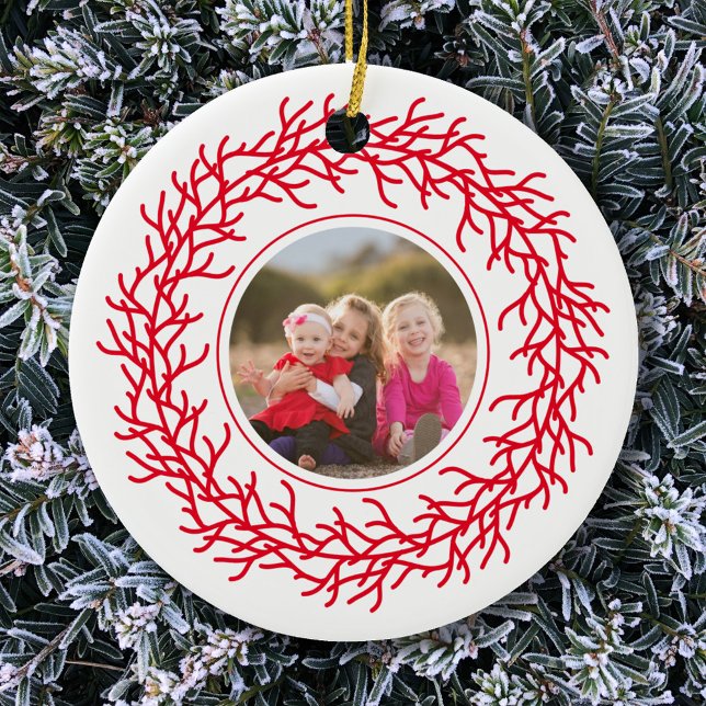 Red and White Wreath Photo Ceramic Tree Decoration (Add your own photo to this modern Scandinavian red and white garland wreath Christmas ornament)