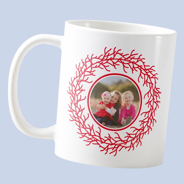 Red and White Wreath Photo Coffee Mug (Photo modern Scandinavian red and white wreath holiday keepsake mug)