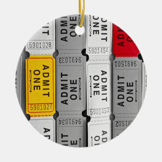 Red and Yellow Admit One Movie Ticket Ceramic Tree Decoration (Front)