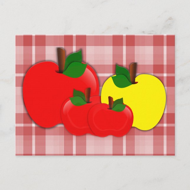 Red and Yellow Apples on Red Plaid Postcard (Front)