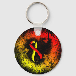 Red and Yellow Awareness Ribbon Grunge Heart Key Ring