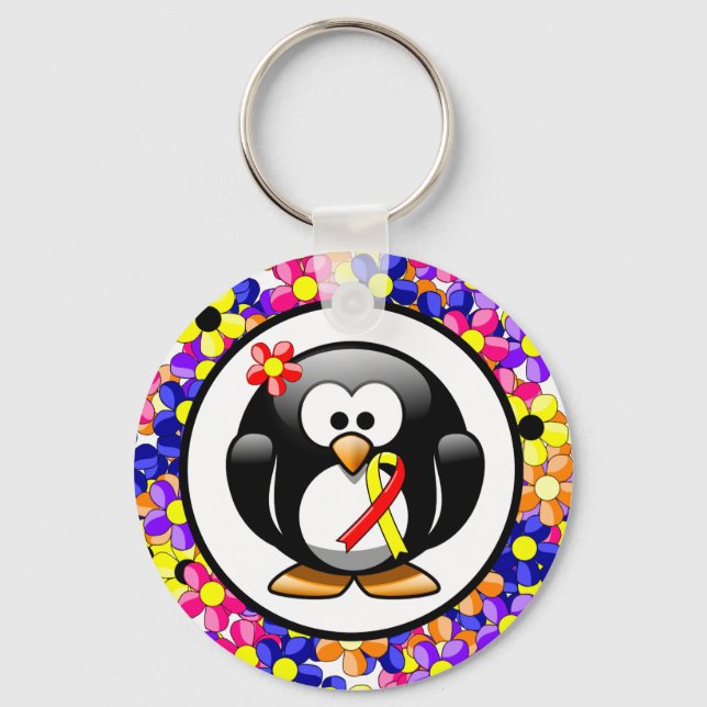 Red and Yellow Awareness Ribbon Penguin Key Ring (Front)