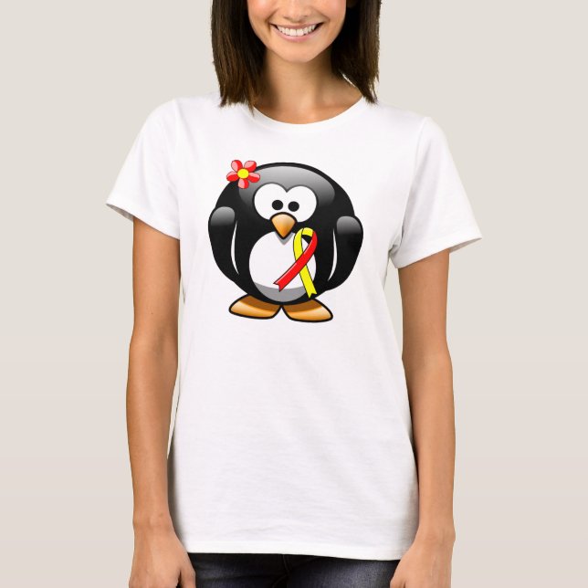 Red and Yellow Awareness Ribbon Penguin T-Shirt (Front)